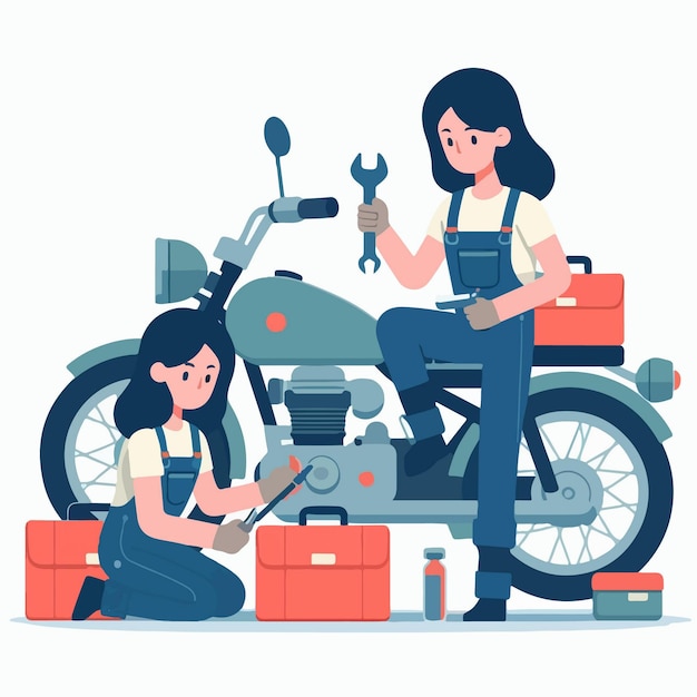 Vektor flache design-illustration einer weiblichen motorradmechanikerwerkstatt