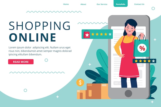 Flache design-shopping-online-landingpage-vorlage mit verkäufer