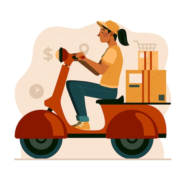 Flache Designlieferfrau auf Roller