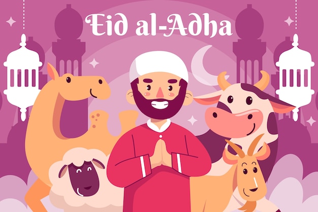 Vektor flache eid al-adha-illustration mit betendem mann und tieren