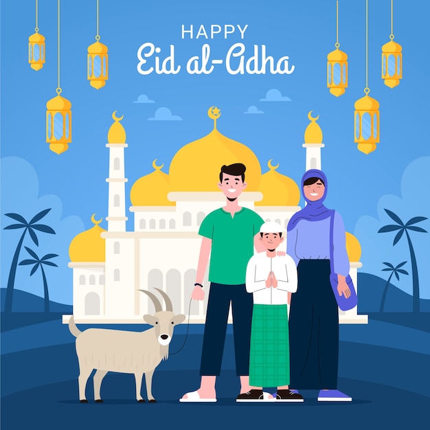 Flache eid al-adha-illustration mit menschen und tier