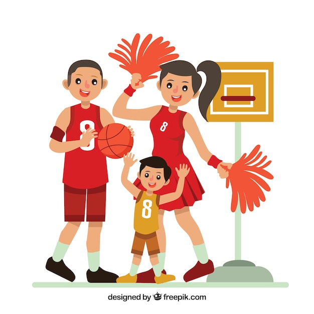 Flache familie, die basketball spielt