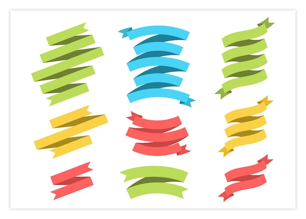 Flache Farbbandschablonenfahnenvektorsammlungsillustration. Bunte Design-Etiketten mit geschweiften Bändern