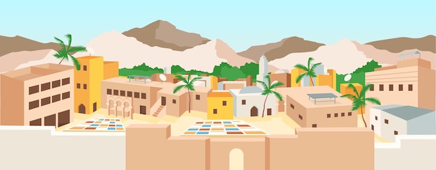 Vektor flache farbe der tunesischen medina. tunesien altstadt und sehenswürdigkeiten. sommerferien in afrika. traditionelle arabische architektur 2d karikaturlandschaft mit bergen auf hintergrund