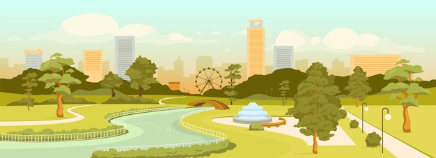 Vektor flache farbe des stadtparks. stadterholungszone und moderne gebäude bei tagesszene. ruhe im freien. quadratische 2d-karikaturlandschaft mit wolkenkratzern und bäumen auf hintergrund