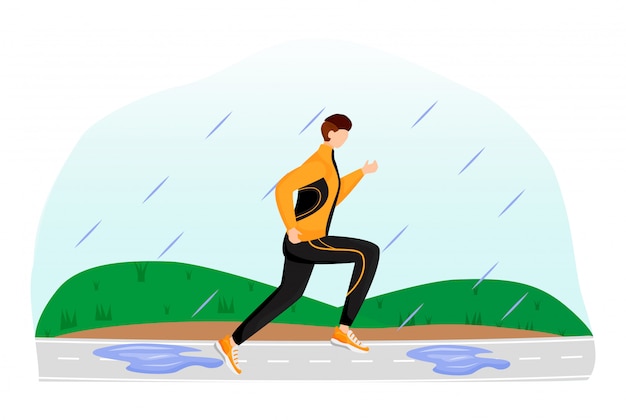 Flache farbillustration des athleten. männlich in sportbekleidung und turnschuhen. regnerischer tag. laufender sportler. nasses wetter. mann auf laufbahn gesichtslose zeichentrickfigur mit gras auf hintergrund