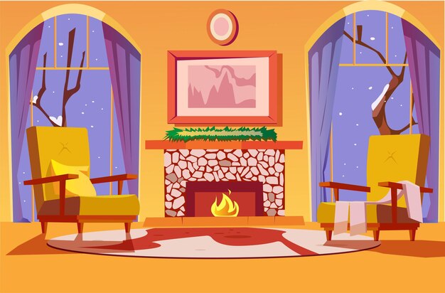 Vektor flache farbvektorillustration des wohnzimmers. kamin für wärme in einem gemütlichen zuhause. winter draußen