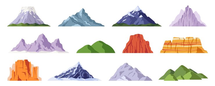 Vektor flache felsberge relief schneebedeckter klippenberg und hügel isolierte felsige spitze cartoon-canyon-silhouette rassige vektor-naturwanderelemente der berglandschaftstourismus-illustration
