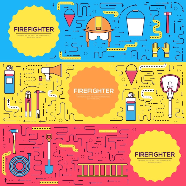 Flache feuerwehrmann uniform karten dünne linie gesetzt. erste-hilfe-vorlage von flyear, zeitschriften, bannern.