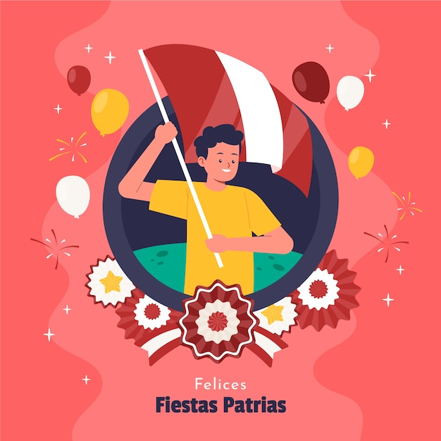 Flache fiestas patrias illustration mit der person, die flagge und luftballons hält