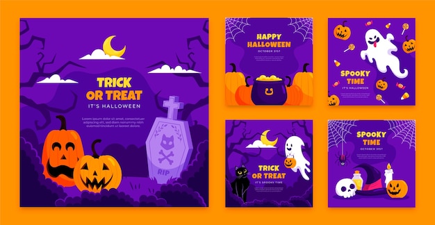 Vektor flache halloween instagram posts sammlung