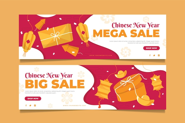 Vektor flache horizontale banner des chinesischen neujahrsverkaufs eingestellt