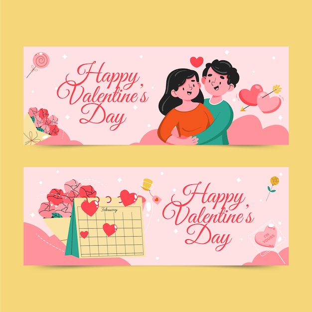 Vektor flache horizontale banner zum valentinstag eingestellt