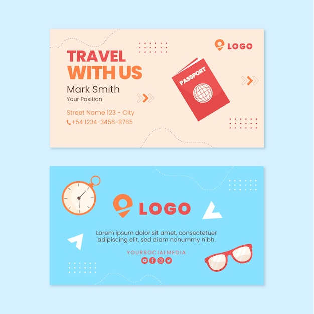 Vektor flache horizontale visitenkartenvorlage für reisebüros