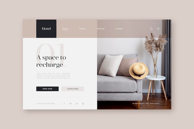 Vektor flache hotel-landingpage-vorlage mit foto