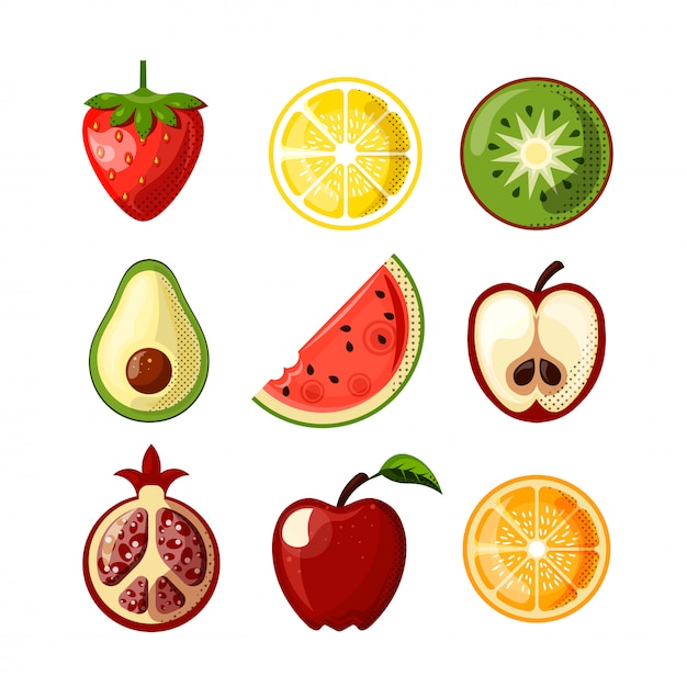 Flache ikonen der neuen saftigen frucht lokalisiert auf weißem hintergrund. erdbeere, zitrone, qiwi, wassermelone und andere früchte in einer sammlung. flacher ikonensatz gesundes lebensmittel - früchte.