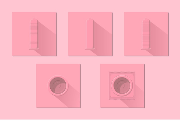 Flache ikonen der rosafarbenen kondome stellten vektorillustration der medizinischen versorgung ein