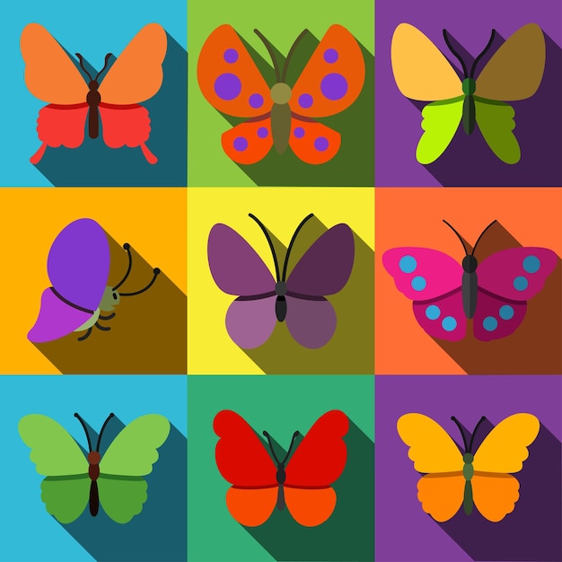Flache Ikonen des Schmetterlingsvektors. Einfaches Illustrationsset aus 9 Schmetterlingselementen, bearbeitbare Symbole, kann in Logo, Benutzeroberfläche und Webdesign verwendet werden