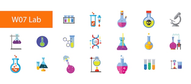 Flache ikonensammlung des 19. chemischen labors auf weißem hintergrund.