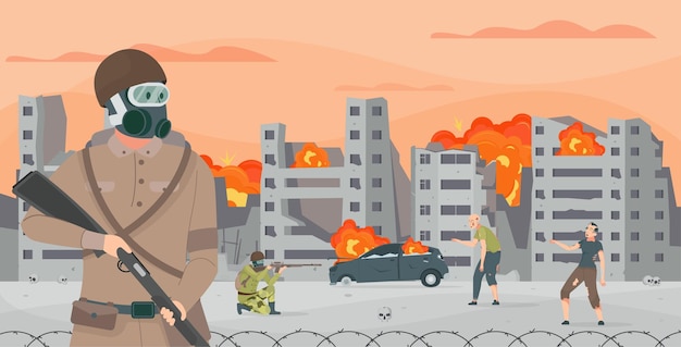 Flache Illustration der postapokalyptischen Stadt im Feuer mit gepanzerter Person auf Vordergrundvektorillustration