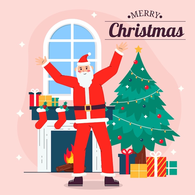 Flache Illustration der Weihnachtszeit mit Weihnachtsmann und Baum