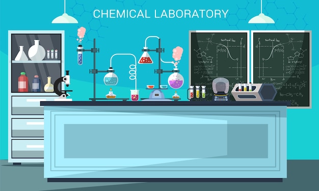 Flache illustration des chemischen labors, wissenschaftliche ausrüstung, mikroskop, flaschen mit giftiger flüssigkeit im klassenzimmer der comic-chemie, pharmazeutische experimente, bannerdesign des medizinischen labors