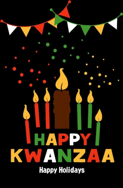 Flache illustration des glücklichen kwanzaa-vektors auf schwarzem dunklem hintergrund mit konfetti-afrikanischer feier nette designkarte