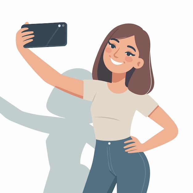 Vektor flache illustration einer jungen frau, die während eines selfie-fotos mit einer smartphone-kamera lächelnd posiert