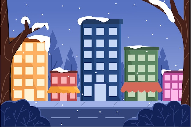 Flache Illustration einer Stadt, wenn Winter und Schnee fallen