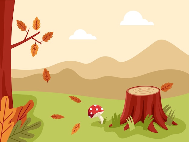 Flache illustration eines parks mit baumstumpf und pilz für eine herbstfeier.