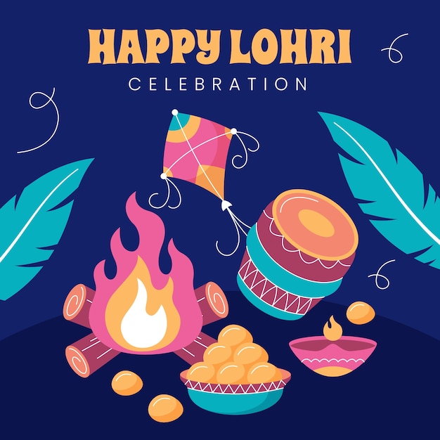 Vektor flache illustration für die feier des lohri-festes mit lagerfeuer und drachen
