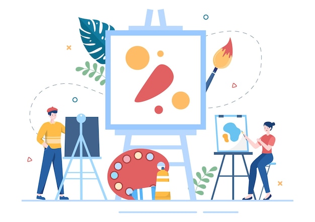 Flache Illustration mit jemandem malen, der mit Staffelei-Leinwandpinseln und Aquarell malt