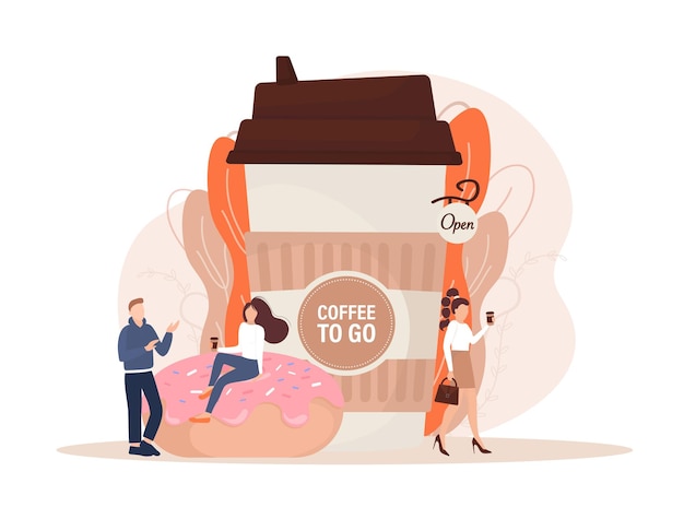Flache Illustration mit Kaffee zum Mitnehmen Menschen mit Cartoon-Menschen Illustration Charaktere mit Getränk