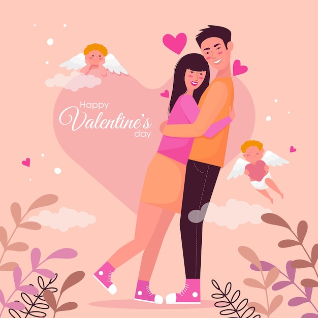 Flache illustration von liebhabern zum valentinstag auf dem hintergrund des herzens von engeln und ästen mit blättern