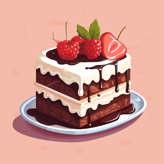 Flache illustration von schokoladenkuchen mit roten beeren hohe qualität