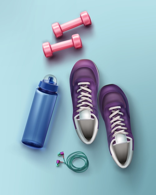 flache Illustration von Turnschuhen Hanteln Wasserflasche