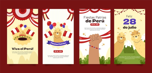 Vektor flache instagram-geschichtensammlung für peruanische fiestas patrias feierlichkeiten