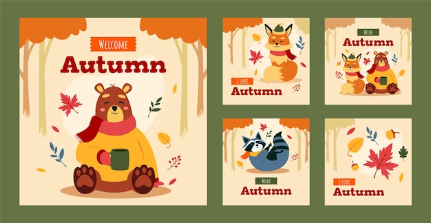 Flache Instagram-Posts-Sammlung für die Herbstfeier