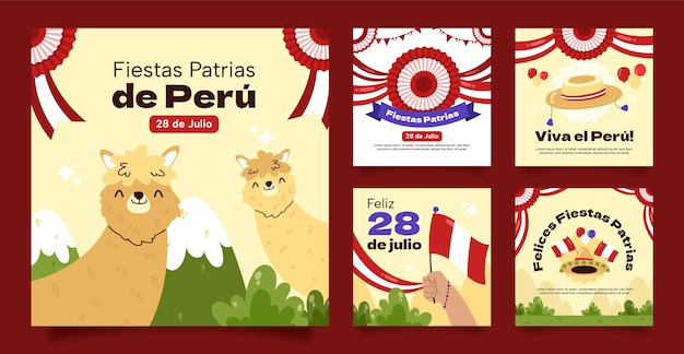 Flache instagram-posts-sammlung für peruanische fiestas patrias-feierlichkeiten