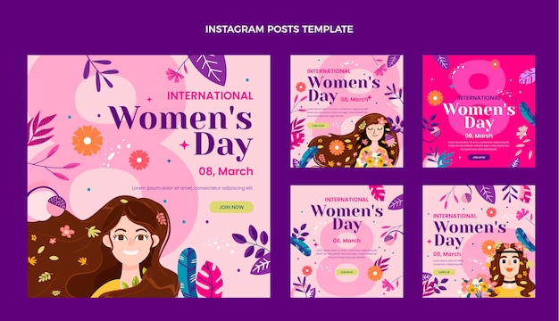 Vektor flache instagram-posts-sammlung zum internationalen frauentag