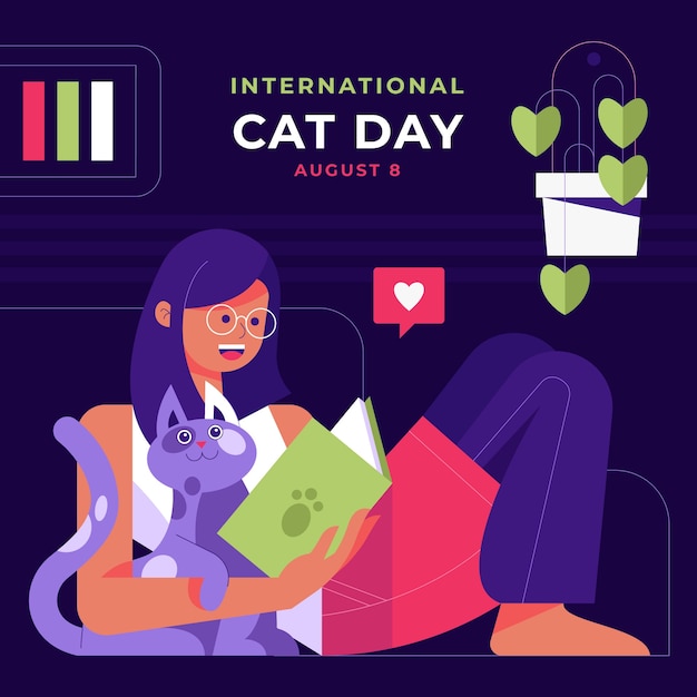 Flache internationale katzentagesillustration mit lesender frau und katze