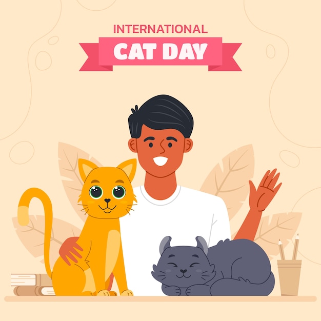 Flache internationale katzentagesillustration mit mann und katzen