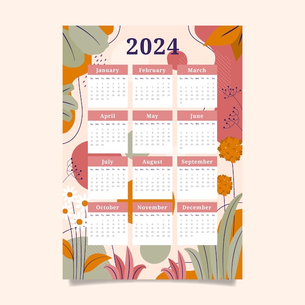 Vektor flache kalendervorlage 2024 mit blättern