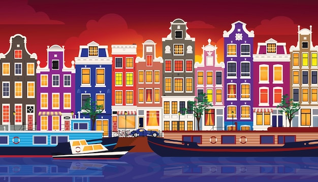 Flache Karikatur mehrfarbige bunte historische Gebäude Stadt Amsterdam Panorama Holland. Vektor-Illustration.