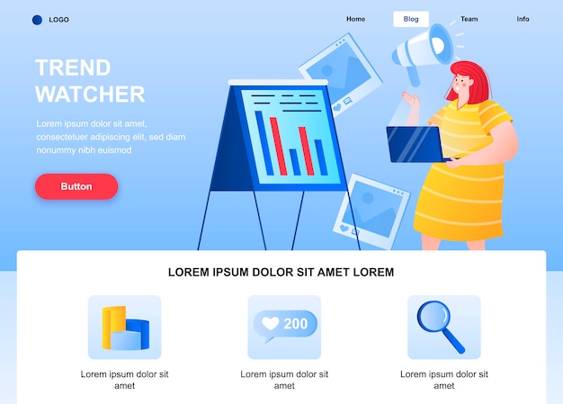 Flache landingpage des trendwächters. vermarkter studieren aktuelle trends webseite.