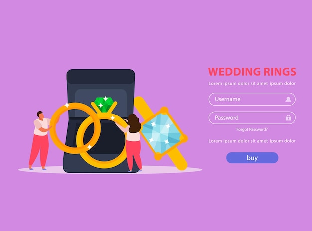 Flache landingpage für schmuck mit anmeldefeldern kaufen button und eheringe mit leuten