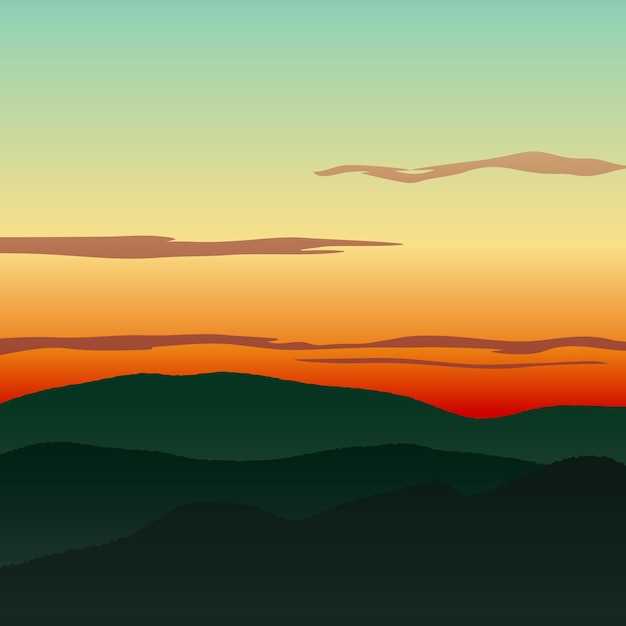 Flache Landschaft mit grünen Hügeln gegen den Sonnenunterganghimmel. Minimalistische Trendlandschaft