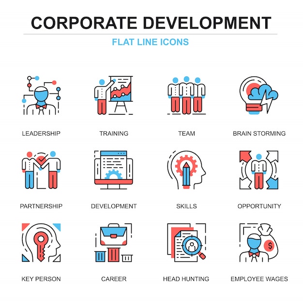 Flache linie unternehmensentwicklungsikonenkonzepte eingestellt