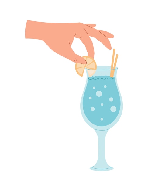 Vektor flache menschliche hand und glaskelch mit getränk mit einer zitronenscheibe und trinkhalm. alkoholischer cocktail oder limonade mit blasen. vektorisolierte cartoon-illustration