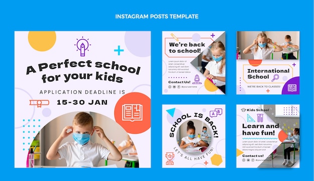 Flache minimale Sammlung von Instagram-Posts für internationale Schulen